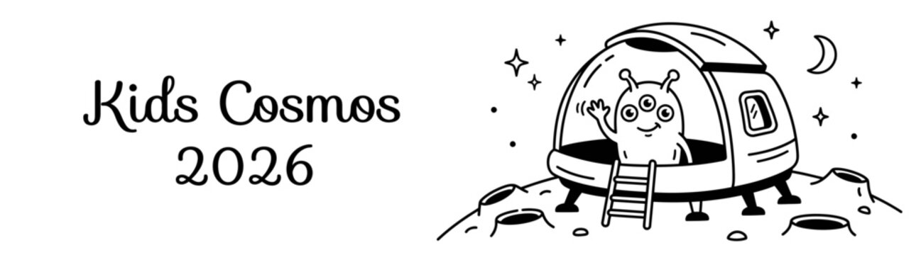 Cute Three-Eyed Alien in Spaceship on Moon Surface Doodle for Kids Space Cosmos Collection 2026