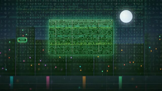 Cyberpunk Night City Data Screen with Code Rain and Glitch Effects