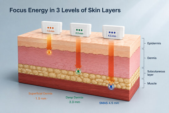 AI generated medical skin layer diagram illustrating focused energy depths across epidermis dermis subcutaneous tissue muscle for aesthetic education clinical training skincare concepts