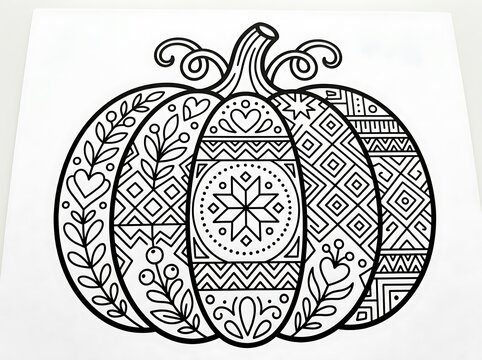 Decorative pumpkin with intricate black and white patterns for autumn coloring page