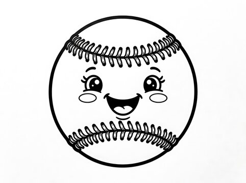 Cute baseball ball character with a happy smiling face for kids coloring book page illustration