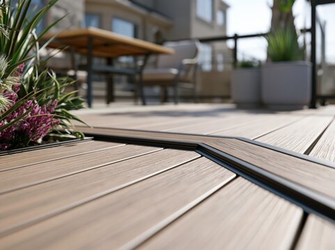 A contemporary outdoor setting featuring a modern composite deck board enhanced by a sleek black metal edge for a stylish look