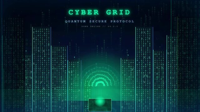 Futuristic Digital Cyber Network with Binary Code Rain and Expanding Data Waves