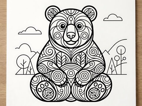 Cute bear with decorative patterns in a simple landscape drawing for coloring
