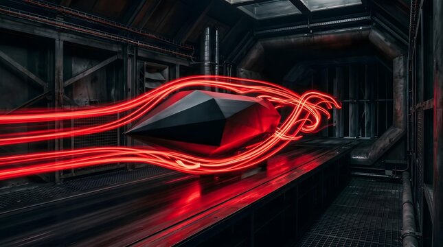 Futuristic black geometric object being tested in a dark wind tunnel with glowing red aerodynamic light trails for website banner
