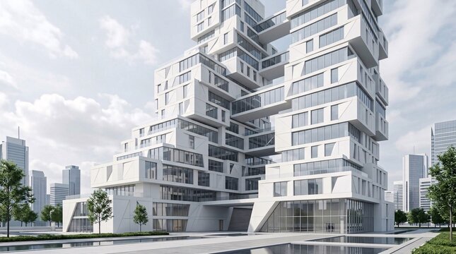 Innovative modern high-rise building with a unique deconstructivist stacked block design.
