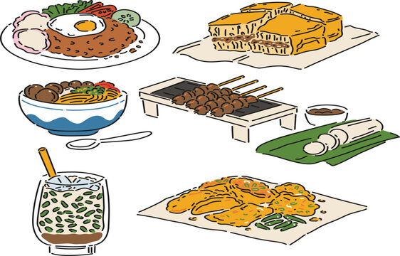 Flat vector illustration set of Indonesia street food, featuring sate ayam, nasi goreng, bakso bowl, martabak manis, gorengan, and es cendol in a hand drawn style.