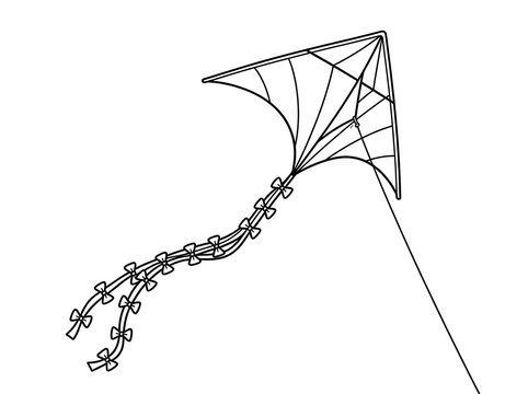 Black and white line art drawing of a simple flying kite with long tails for children