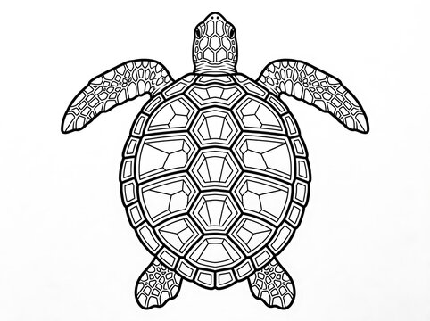 Black and white line art drawing of a sea turtle viewed from above for coloring page