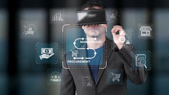 Businessman using virtual reality technology to explore management and procurement processes in a modern corporate environment with data visualizations Sigmoid