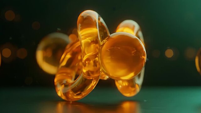 Translucent ambercolored liquid forms a sphere and toroidal shapes against a dark background