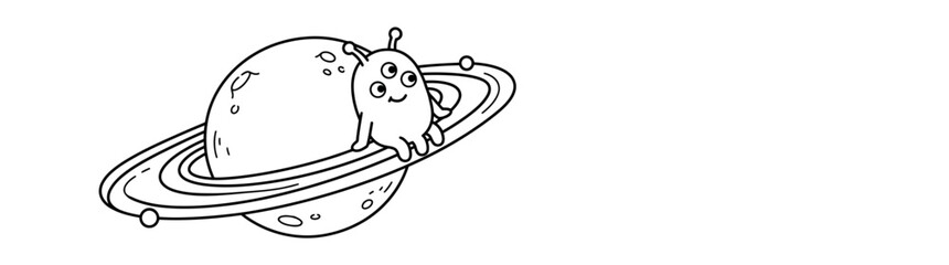 Cute Three-Eyed Alien Sitting on Saturn Planet Rings, Kids Space Doodle Collection 2026 Illustration © Marwa