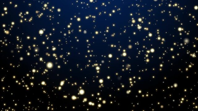 ダークブルー背景に金のキラキラ光粒とオーブがゆっくり降り注ぐループ動画素材 / Slow falling golden light particles and bokeh orbs on dark blue background loop video