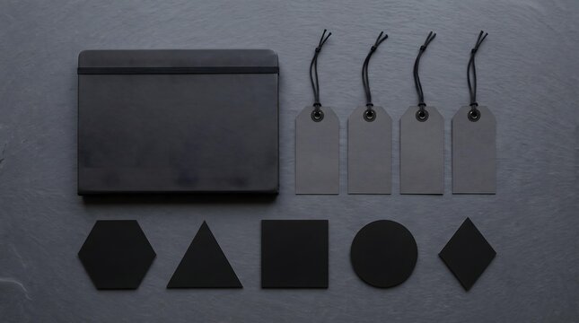 Flat lay mockup of a black notebook, grey paper tags, and dark geometric shapes on a slate texture for presentation