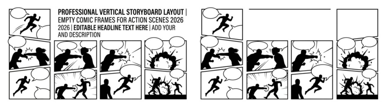 Professional Vertical Storyboard Layout with Action Comic Frames and Speech Bubbles for 2026 Projects