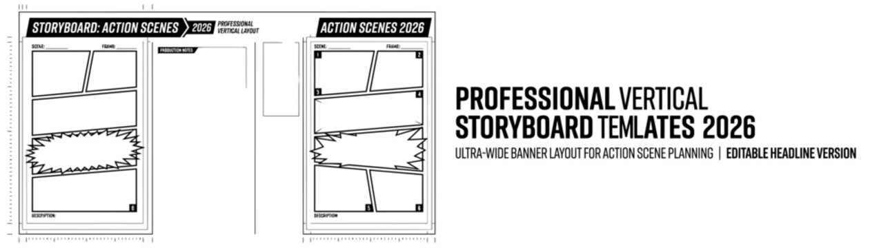 Professional Vertical Storyboard Template for Action Scenes 2026 with Ultra Wide Banner Layout