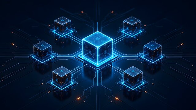 Decentralized network topology concept with glowing central data block connected to peripheral nodes on futuristic blue circuit board