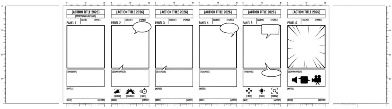 Professional 6 Panel Vertical Storyboard Layout for Film and Video Production Planning 2026 Template