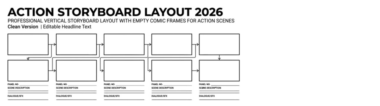 Professional Vertical Action Storyboard Layout 2026 with Empty Comic Frames for Film Production