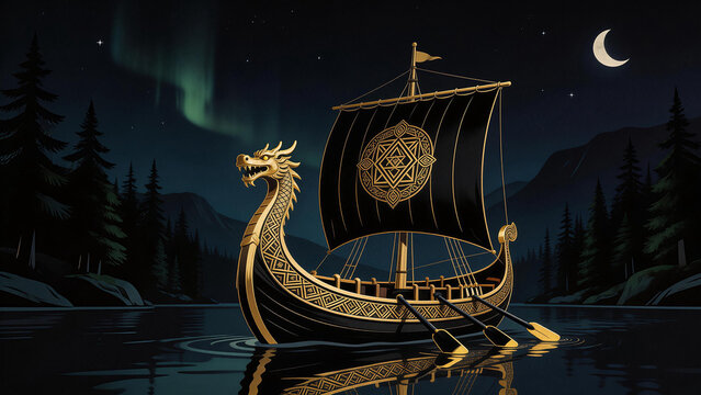 Viking ship on calm water at night
