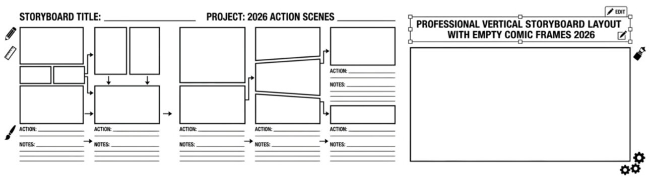 Professional Vertical Storyboard Layout 2026 Template with Empty Comic Frames for Action Scenes