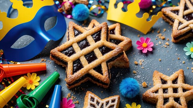 Star shaped jam cookies sit near festive party supplies like masks and crowns. Decorations include blowers, pom poms, and paper flowers on a dark surface.