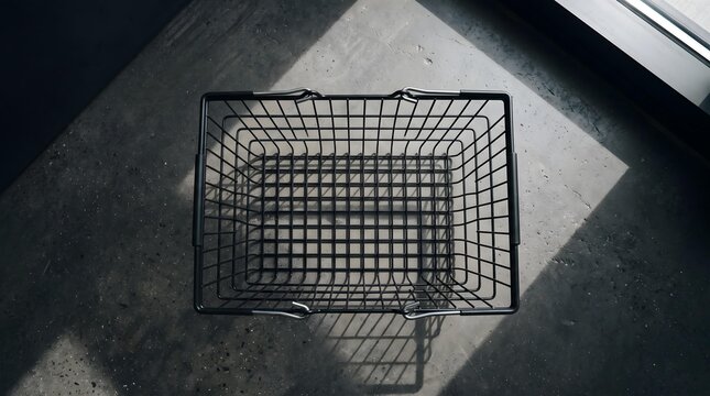 Top down view of an empty black wire shopping basket on a concrete floor with natural light and shadows for website banner