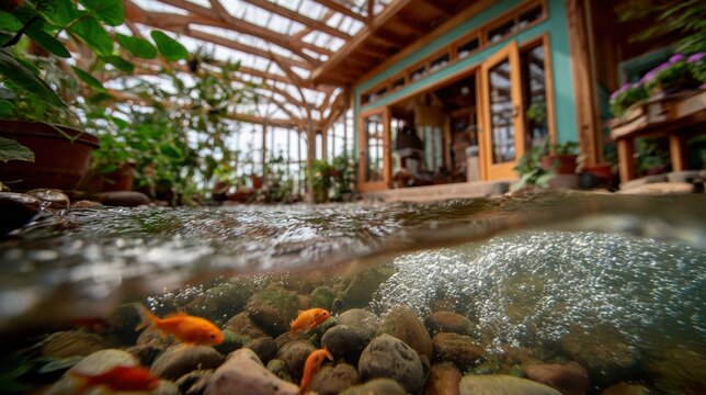 Home aquaponics system close medium shot with fish swimming and plants thriving main system in crisp detail while the surrounding room is out of focus.