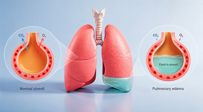 AI generated medical illustration comparing normal alveoli pulmonary edema showing fluid filled air sacs reduced oxygen exchange respiratory anatomy for education