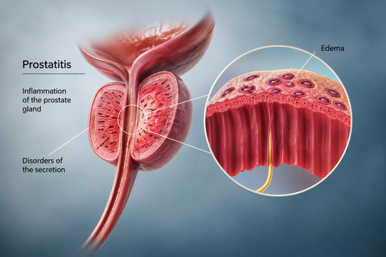 AI generated detailed 3D medical illustration of prostatitis inflamed prostate gland enlarged tissue cross section microscopic view for healthcare education diagnosis