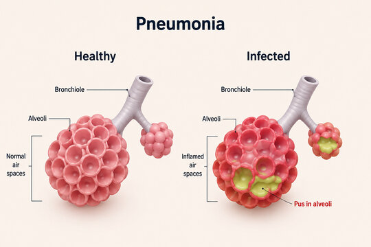 AI generated medical illustration comparing healthy infected alveoli showing pneumonia inflammation pus filled air sacs respiratory anatomy for education