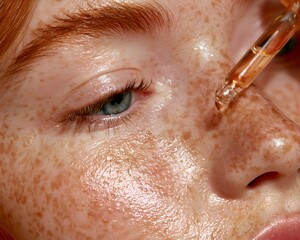 Naklejka premium Close up of a woman's freckled face as a dropper applies serum to her skin