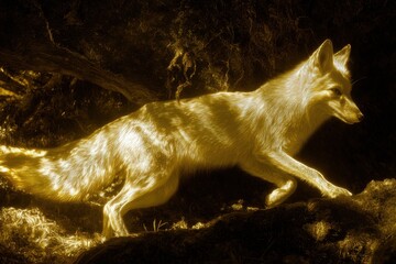 Mythical Golden Fox Spirit Running Through a Dark Enchanted Forest, Ethereal Glowing Animal Art Illustration © AnaMecca