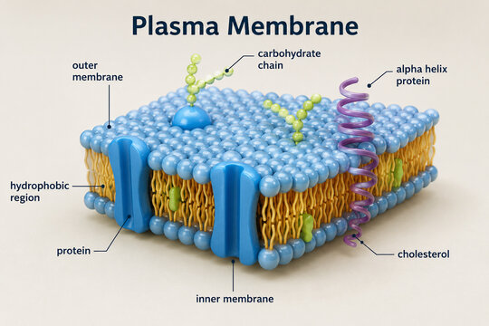 AI generated plasma membrane structure diagram showing phospholipid bilayer membrane proteins cholesterol carbohydrate chains lipid organization for cell biology education medical research