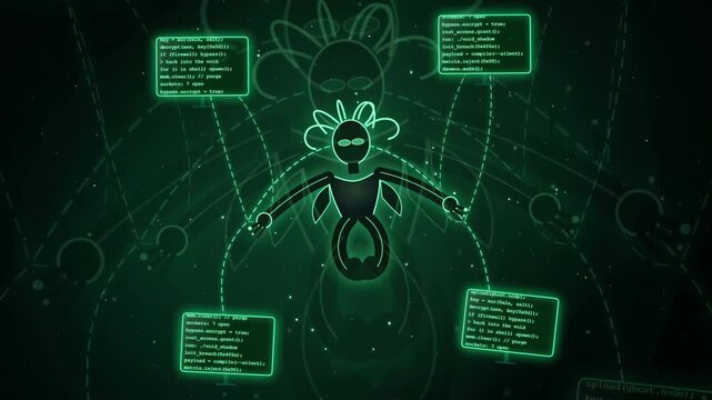 Dark Cyberpunk Background with Neon Robot Marionette and Floating Code Screens