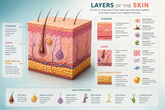 AI generated educational medical infographic explaining human skin layers structures cells glands collagen elastin nerves tissue anatomy for healthcare biology learning