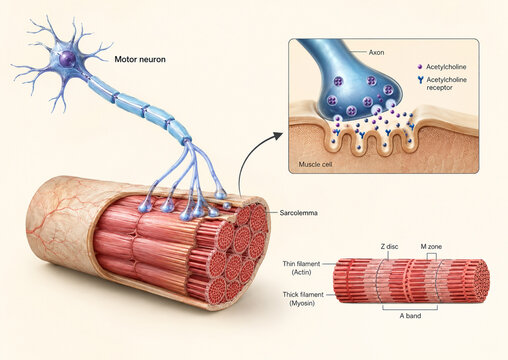 AI generated neuromuscular junction anatomy diagram illustrating motor neuron acetylcholine synapse sarcolemma myofibrils actin myosin muscle contraction for medical education