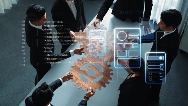 A diverse business team collaborates in a modern office, using digital tools and gears to devise strategies, focusing on innovation and teamwork in their project. Raster