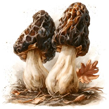 Two delicious morel mushrooms with a fall oak leaf and scattered leaves on a white background