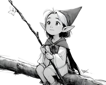 Whimsical elf child with pointed hat and cloak sitting on a tree branch holding a stick with a flower
