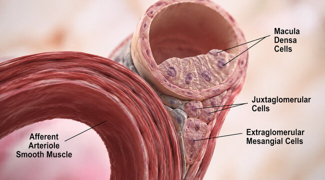 AI generated detailed medical illustration of the juxtaglomerular apparatus showing macula densa juxtaglomerular cells afferent arteriole mesangial cells for anatomy education