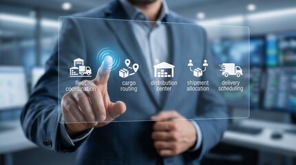 Obraz premium Business professional using holographic interface to manage fleet coordination and cargo routing in a modern distribution center control room