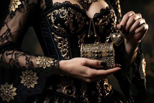 Woman wears ornate black corset with gold details. She holds vintage treasure chest and heart locket. Dark fantasy fashion style for mysterious look. Elegant gothic costume.