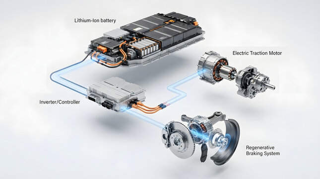 Exploded Electric Vehicle Powertrain Diagram Showing Lithium Ion Battery Pack Electric Motor Inverter and Regenerative Braking System