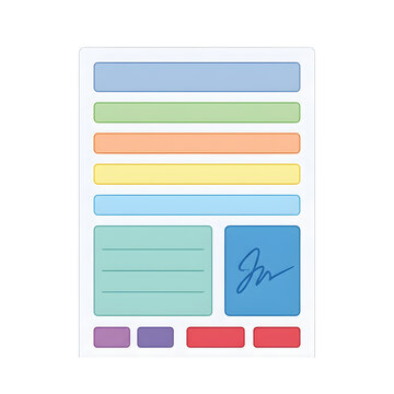 Colorful 3D paper document form with colorful fields and signature block