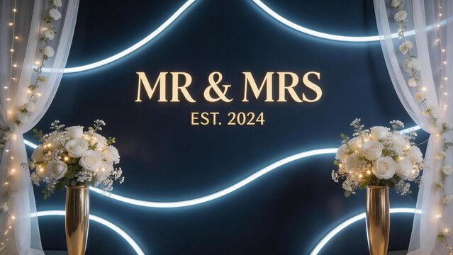 Wedding backdrop with flowers and lights
