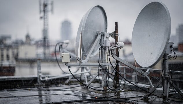 Raindrops dripping from satellite dishes on a rooftop antenna array during a light rain with main broadcasting equipment in crisp focus against a soft background.