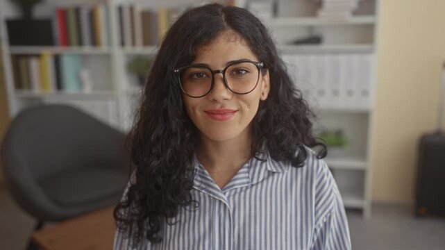 Woman wearing glasses with eyes closed and small cheek piercings smiling in building; calm contentment introspection.