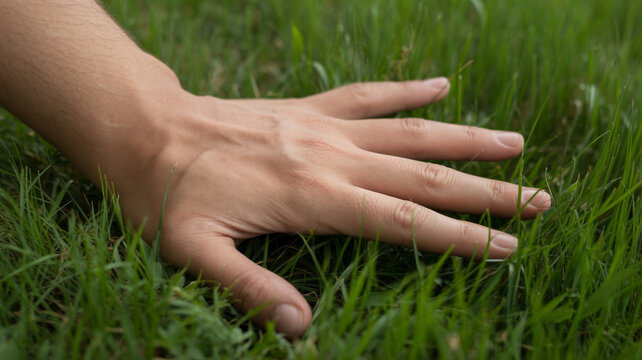 Close up photograph of a hand touching lush green grass