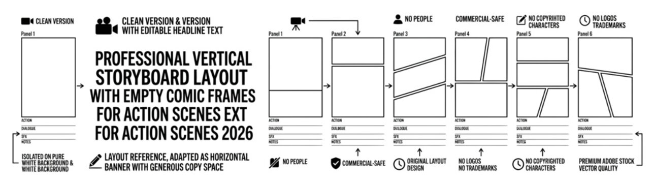 Professional Vertical Storyboard Layout 2026 with Empty Comic Frames for Film and Action Scenes